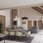 Elegant modern dining room with minimalist decor and wooden accents.